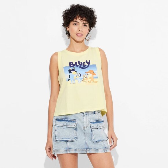 NEW Women's Bluey Beach Graphic Tank Top - Lemon Yellow Small - Picture 1 of 9